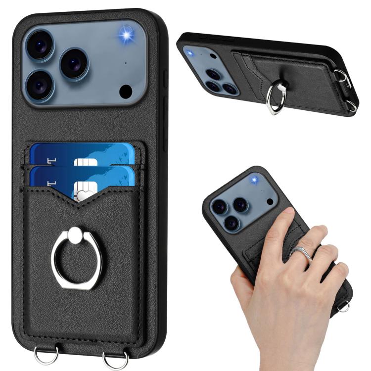 For iPhone 17 Pro R20 Crossbody Rope Ring Card Holder Phone Case