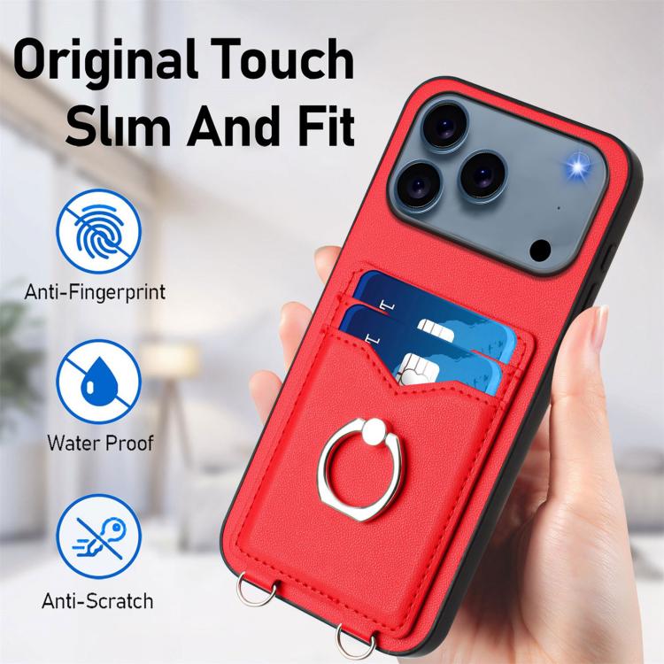 For iPhone 17 Pro R20 Crossbody Rope Ring Card Holder Phone Case