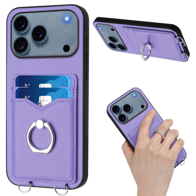 For iPhone 17 Pro R20 Crossbody Rope Ring Card Holder Phone Case