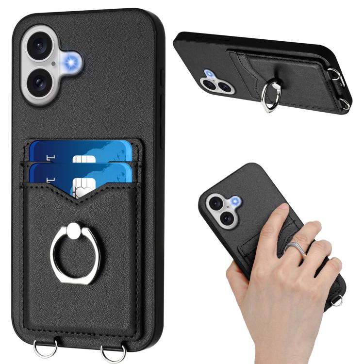 For iPhone 17 R20 Crossbody Rope Ring Card Holder Phone Case