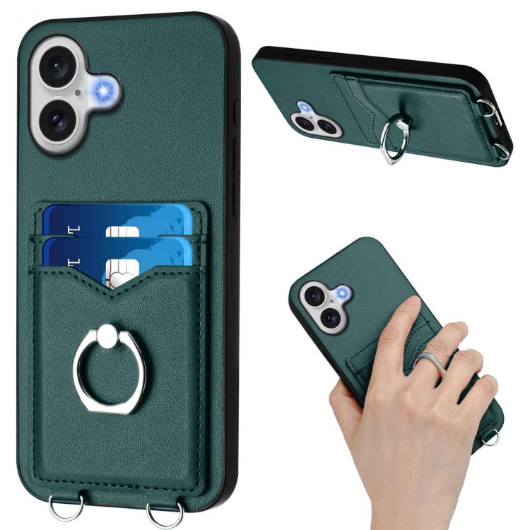For iPhone 17 R20 Crossbody Rope Ring Card Holder Phone Case