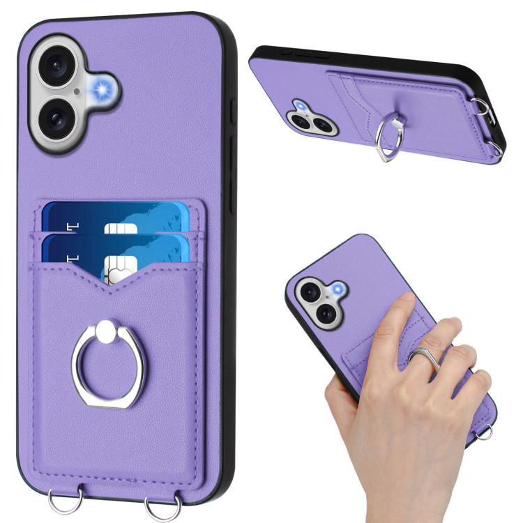 For iPhone 17 R20 Crossbody Rope Ring Card Holder Phone Case