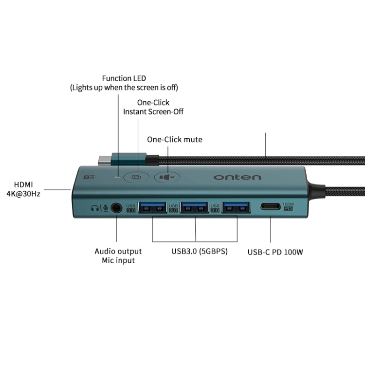 Onten UC123+ USB-C / Type-C to HDTV Multi-function HUB Docking Station with Button, Length:1.5m