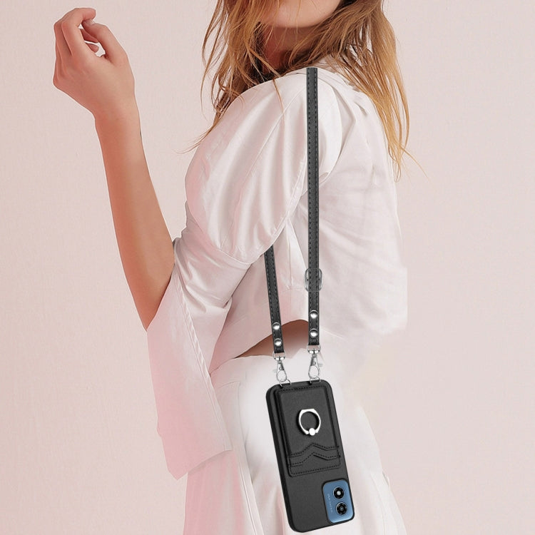 For Motorola Moto G Play 2024 4G R20 Crossbody Rope Ring Card Holder Phone Case