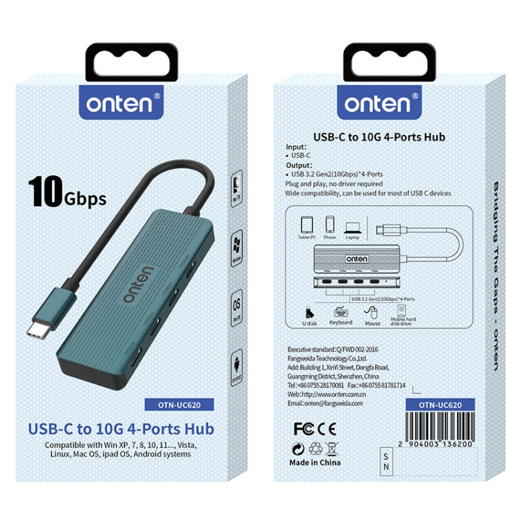 Onten UC620 10Gbps USB-C / Type-C to USB 3.2 Gen2 4 in 1 Multi-function HUB Docking Station, Length:13cm - Green