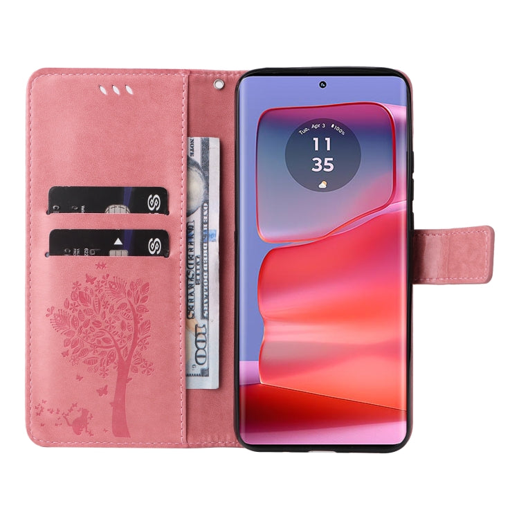 For Motorola Edge 50 Pro Tree & Cat Embossed Pattern Flip Leather Phone Case