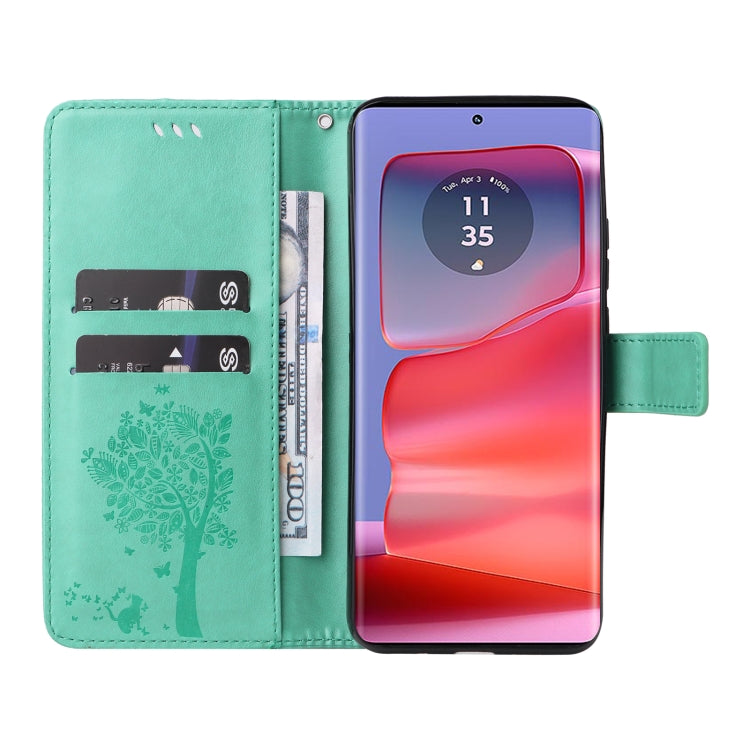 For Motorola Edge 50 Pro Tree & Cat Embossed Pattern Flip Leather Phone Case