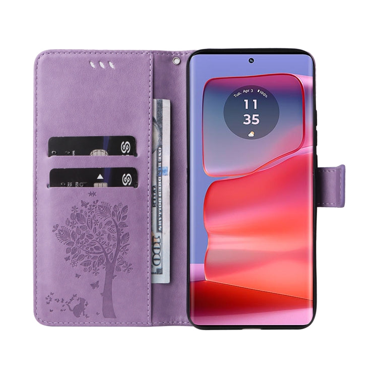 For Motorola Edge 50 Pro Tree & Cat Embossed Pattern Flip Leather Phone Case