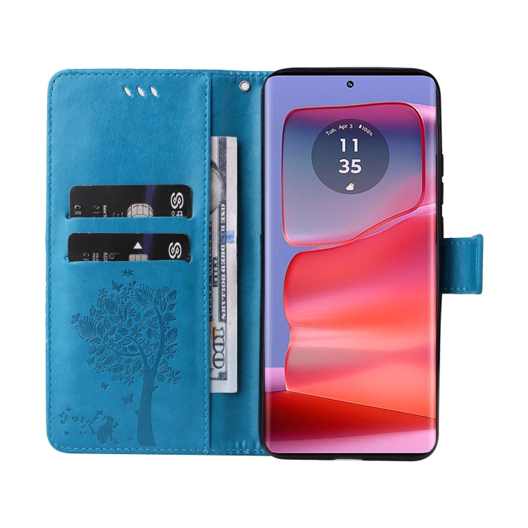 For Motorola Edge 50 Pro Tree & Cat Embossed Pattern Flip Leather Phone Case