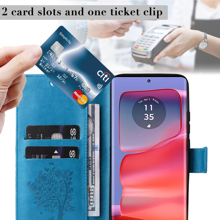 For Motorola Edge 50 Pro Tree & Cat Embossed Pattern Flip Leather Phone Case