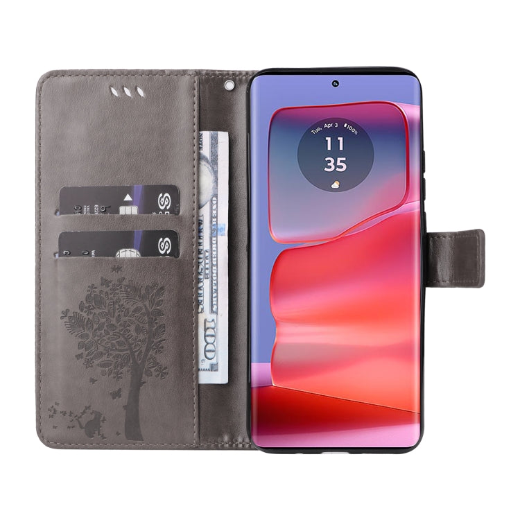 For Motorola Edge 50 Pro Tree & Cat Embossed Pattern Flip Leather Phone Case