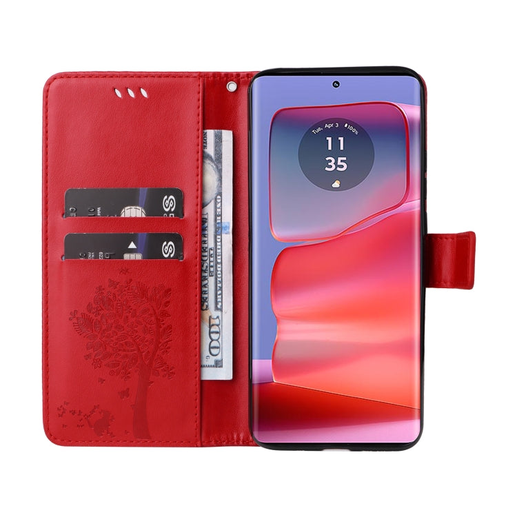 For Motorola Edge 50 Pro Tree & Cat Embossed Pattern Flip Leather Phone Case
