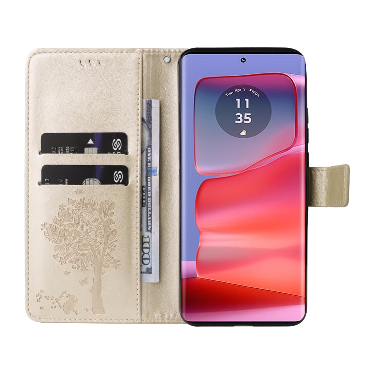 For Motorola Edge 50 Pro Tree & Cat Embossed Pattern Flip Leather Phone Case