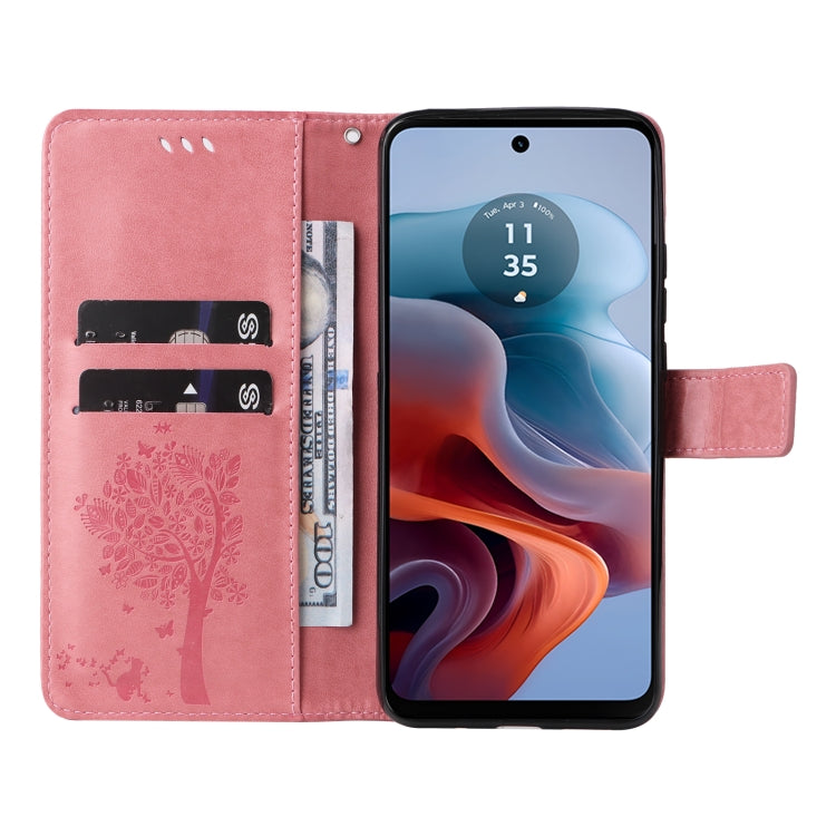For Motorola Moto G34 Tree & Cat Embossed Pattern Flip Leather Phone Case