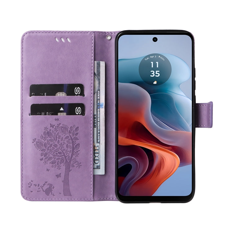 For Motorola Moto G34 Tree & Cat Embossed Pattern Flip Leather Phone Case