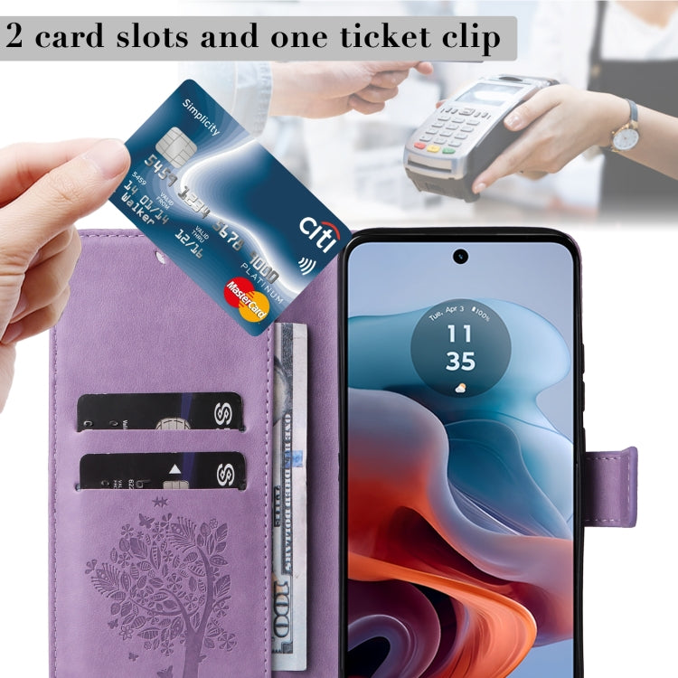 For Motorola Moto G34 Tree & Cat Embossed Pattern Flip Leather Phone Case