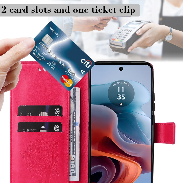 For Motorola Moto G34 Tree & Cat Embossed Pattern Flip Leather Phone Case