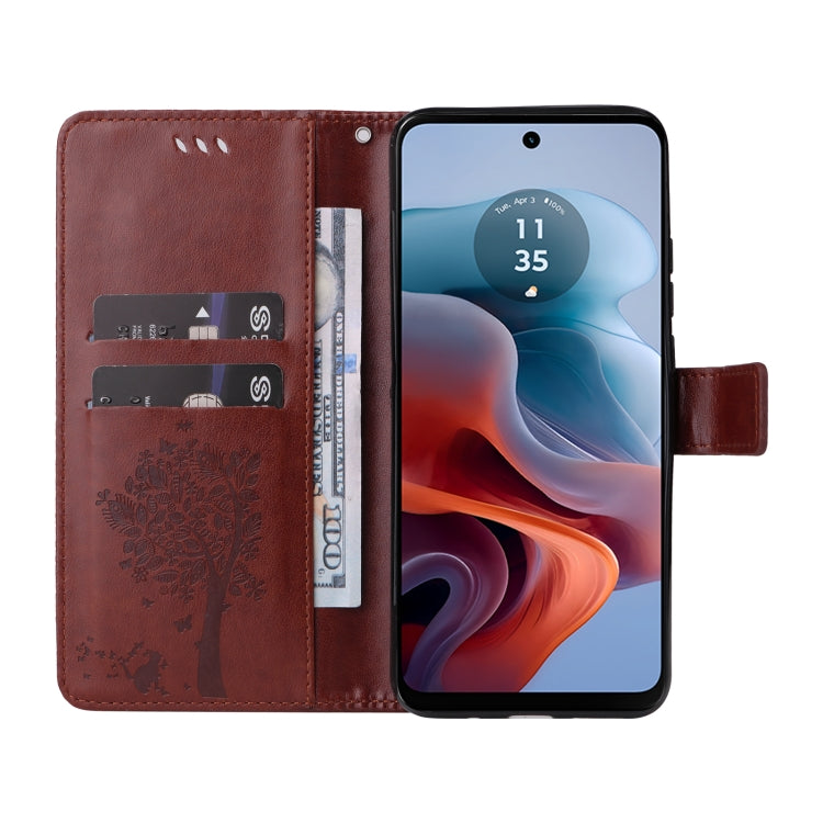 For Motorola Moto G34 Tree & Cat Embossed Pattern Flip Leather Phone Case