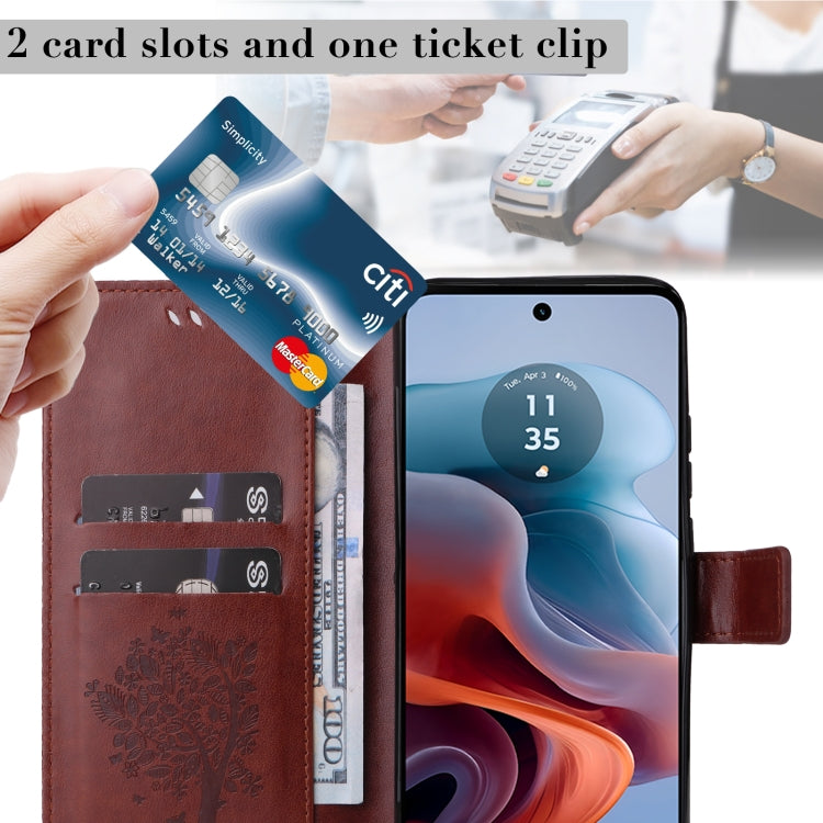 For Motorola Moto G34 Tree & Cat Embossed Pattern Flip Leather Phone Case