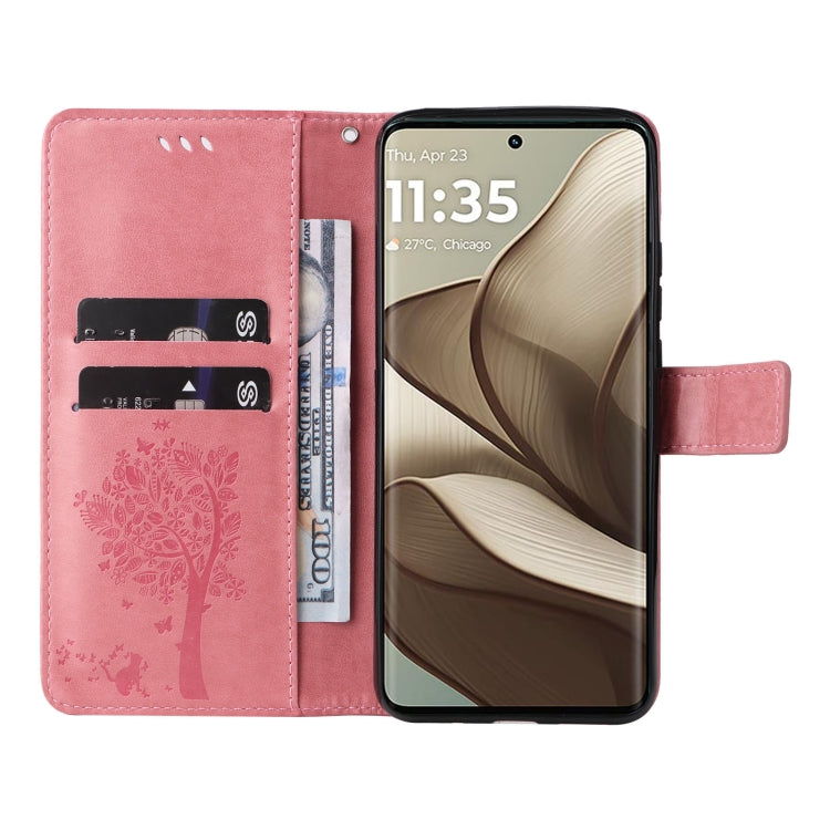 For Motorola Edge 50 5G Tree & Cat Embossed Pattern Flip Leather Phone Case