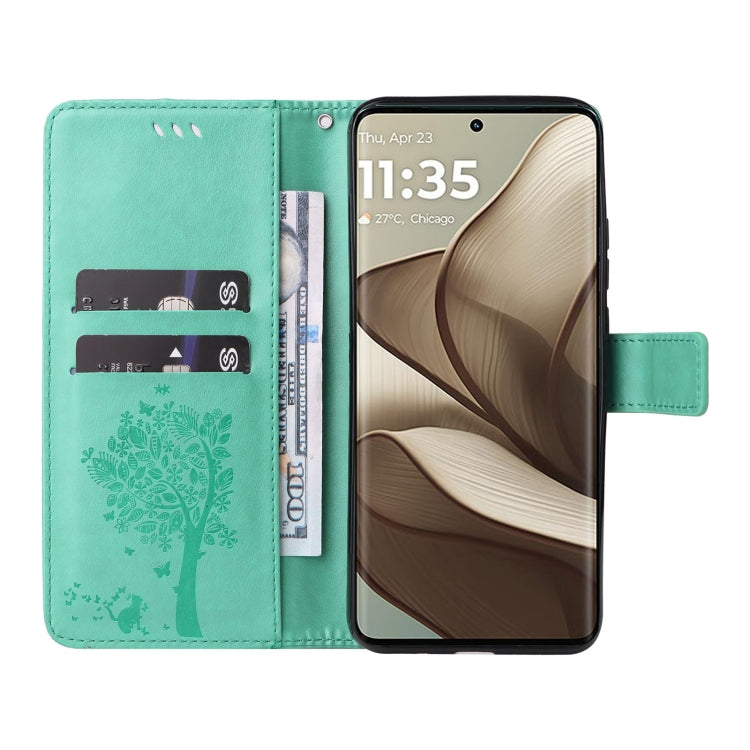 For Motorola Edge 50 5G Tree & Cat Embossed Pattern Flip Leather Phone Case