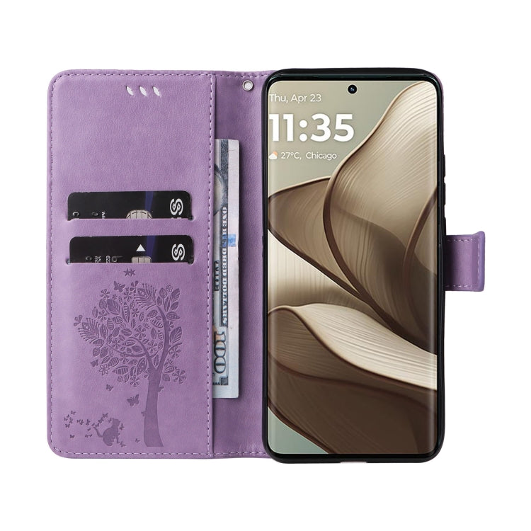 For Motorola Edge 50 5G Tree & Cat Embossed Pattern Flip Leather Phone Case
