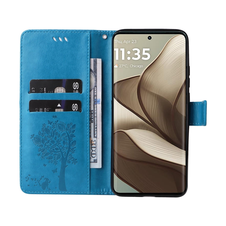 For Motorola Edge 50 5G Tree & Cat Embossed Pattern Flip Leather Phone Case