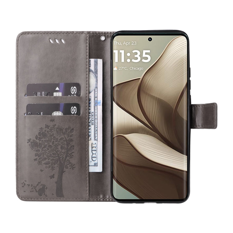 For Motorola Edge 50 5G Tree & Cat Embossed Pattern Flip Leather Phone Case