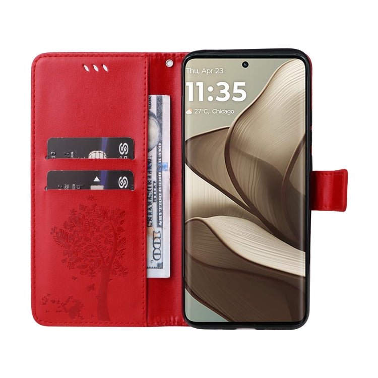 For Motorola Edge 50 5G Tree & Cat Embossed Pattern Flip Leather Phone Case