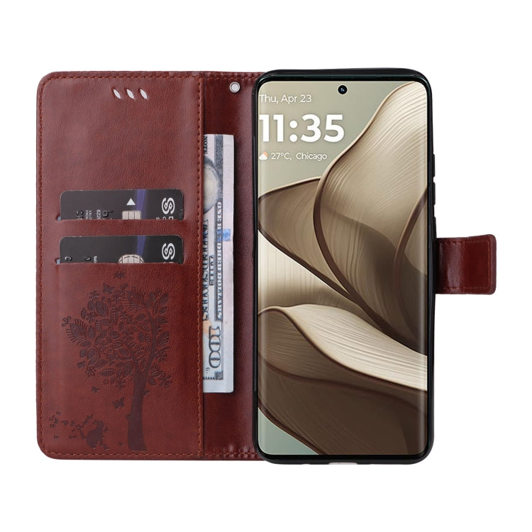 For Motorola Edge 50 5G Tree & Cat Embossed Pattern Flip Leather Phone Case