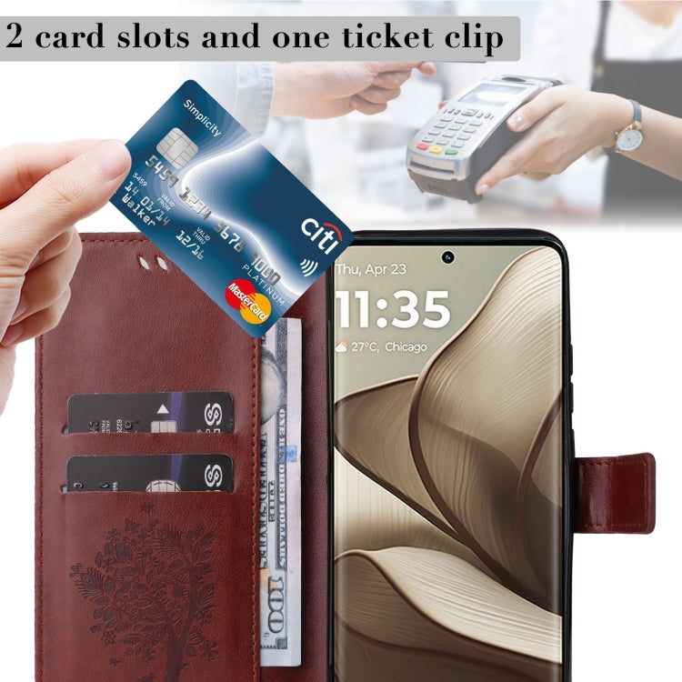 For Motorola Edge 50 5G Tree & Cat Embossed Pattern Flip Leather Phone Case
