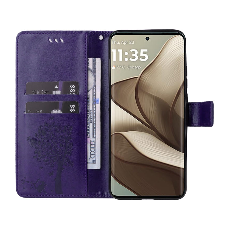 For Motorola Edge 50 5G Tree & Cat Embossed Pattern Flip Leather Phone Case