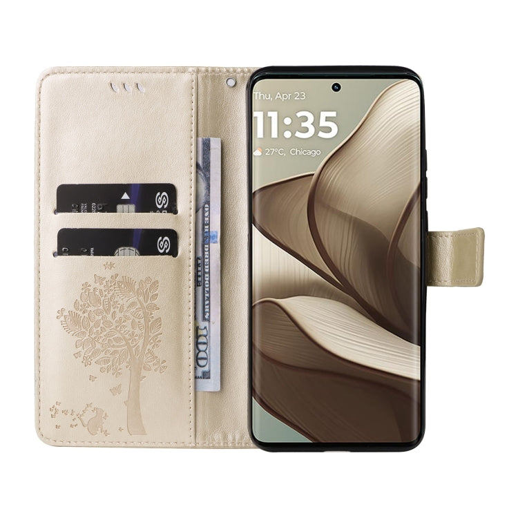 For Motorola Edge 50 5G Tree & Cat Embossed Pattern Flip Leather Phone Case