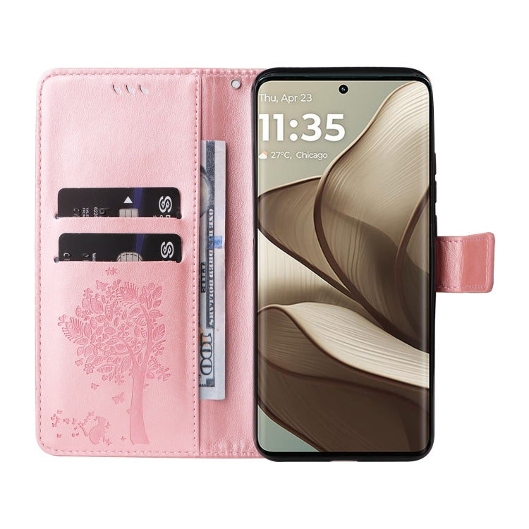 For Motorola Edge 50 5G Tree & Cat Embossed Pattern Flip Leather Phone Case