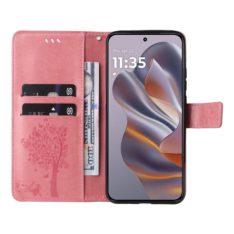 For Motorola Edge 50 Neo Tree & Cat Embossed Pattern Flip Leather Phone Case