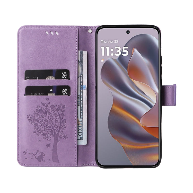 For Motorola Edge 50 Neo Tree & Cat Embossed Pattern Flip Leather Phone Case