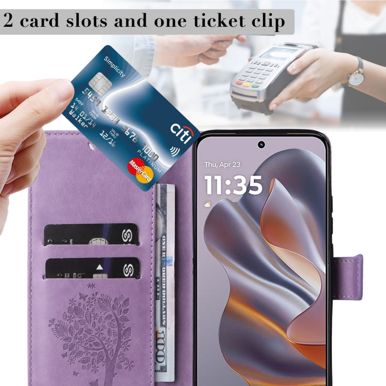 For Motorola Edge 50 Neo Tree & Cat Embossed Pattern Flip Leather Phone Case