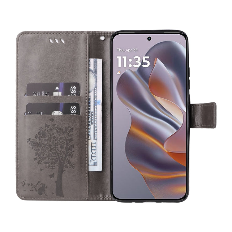 For Motorola Edge 50 Neo Tree & Cat Embossed Pattern Flip Leather Phone Case