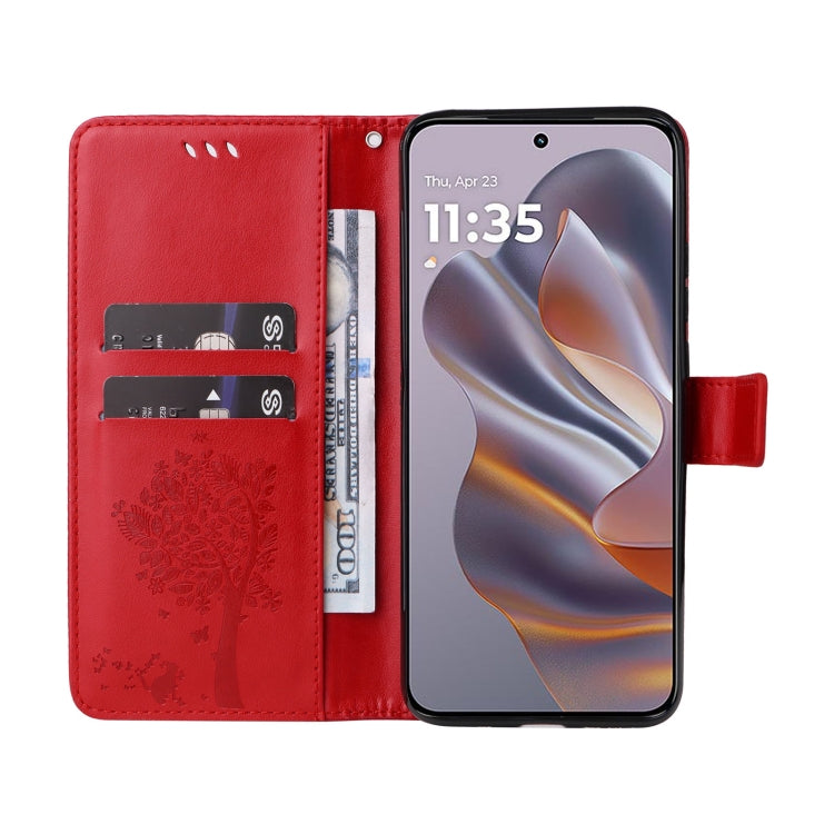 For Motorola Edge 50 Neo Tree & Cat Embossed Pattern Flip Leather Phone Case