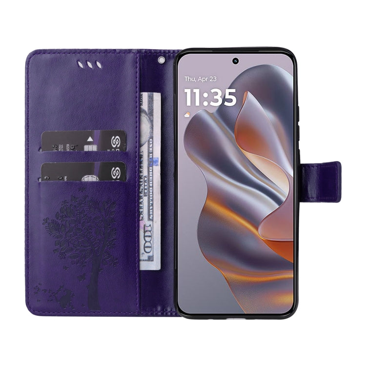 For Motorola Edge 50 Neo Tree & Cat Embossed Pattern Flip Leather Phone Case
