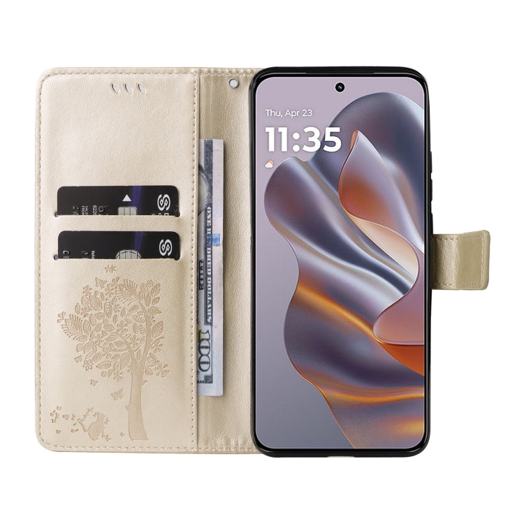 For Motorola Edge 50 Neo Tree & Cat Embossed Pattern Flip Leather Phone Case