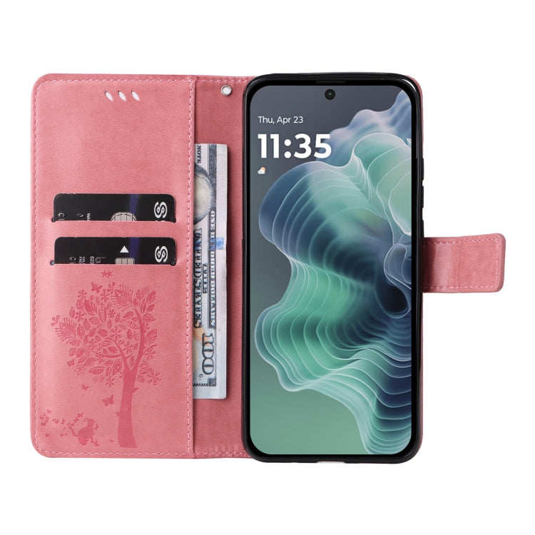 For Motorola Moto G35 Tree & Cat Embossed Pattern Flip Leather Phone Case