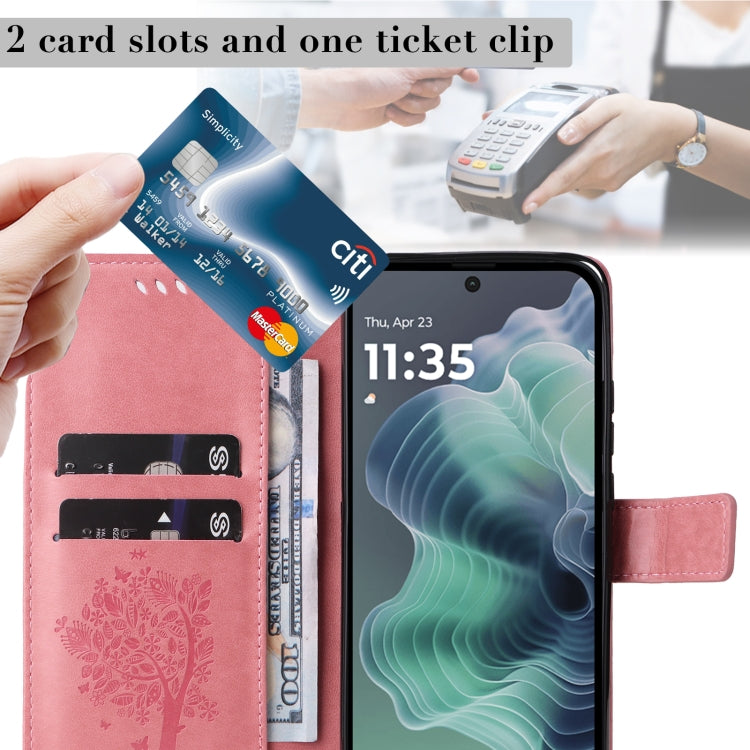 For Motorola Moto G35 Tree & Cat Embossed Pattern Flip Leather Phone Case
