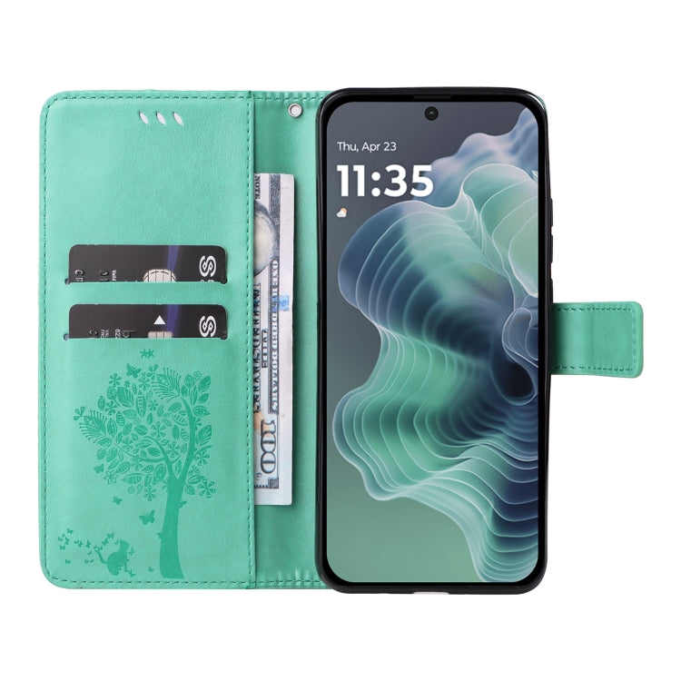 For Motorola Moto G35 Tree & Cat Embossed Pattern Flip Leather Phone Case