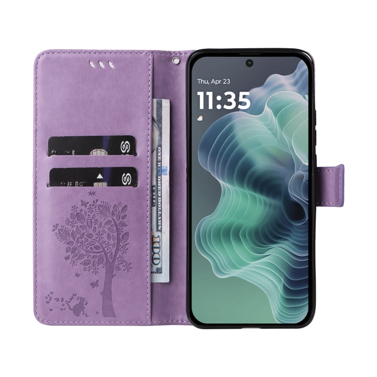 For Motorola Moto G35 Tree & Cat Embossed Pattern Flip Leather Phone Case