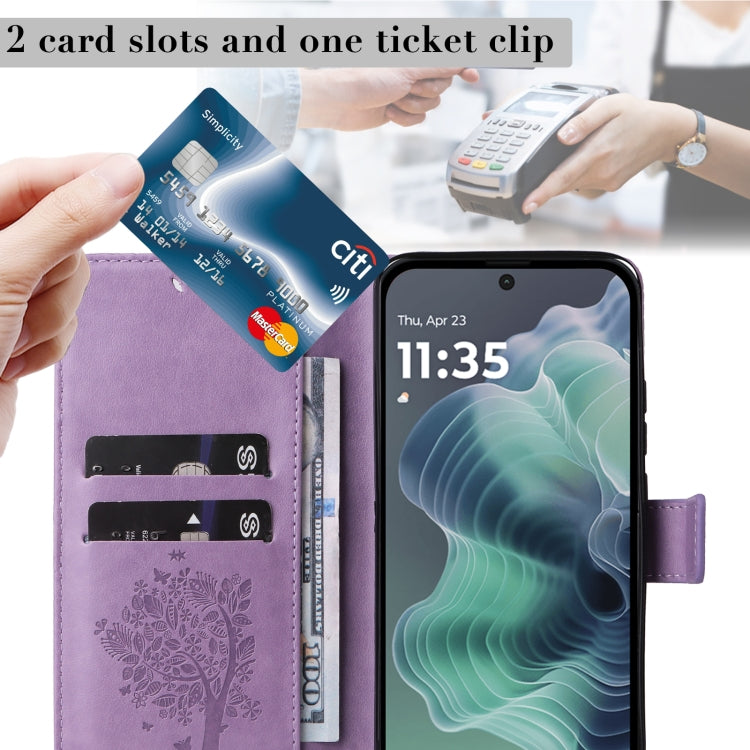 For Motorola Moto G35 Tree & Cat Embossed Pattern Flip Leather Phone Case