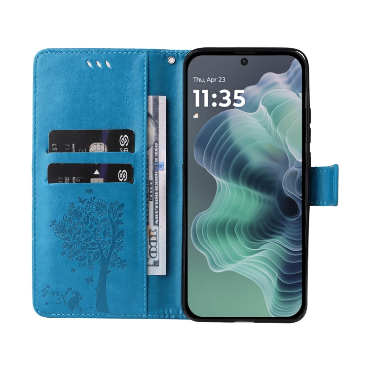 For Motorola Moto G35 Tree & Cat Embossed Pattern Flip Leather Phone Case