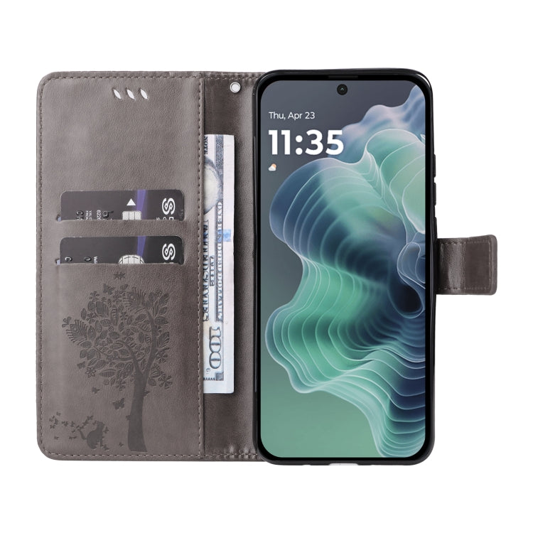 For Motorola Moto G35 Tree & Cat Embossed Pattern Flip Leather Phone Case