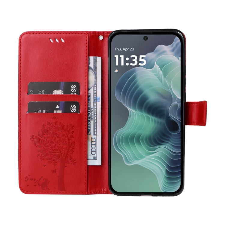 For Motorola Moto G35 Tree & Cat Embossed Pattern Flip Leather Phone Case