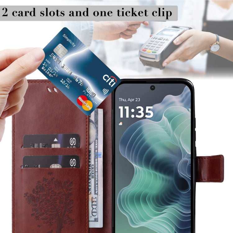 For Motorola Moto G35 Tree & Cat Embossed Pattern Flip Leather Phone Case